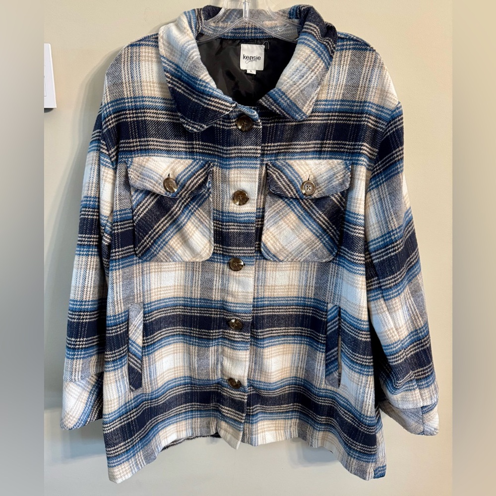 Kensie Blue Plaid Oversized Flannel‎ Shirt Size L - Picture 3 of 9